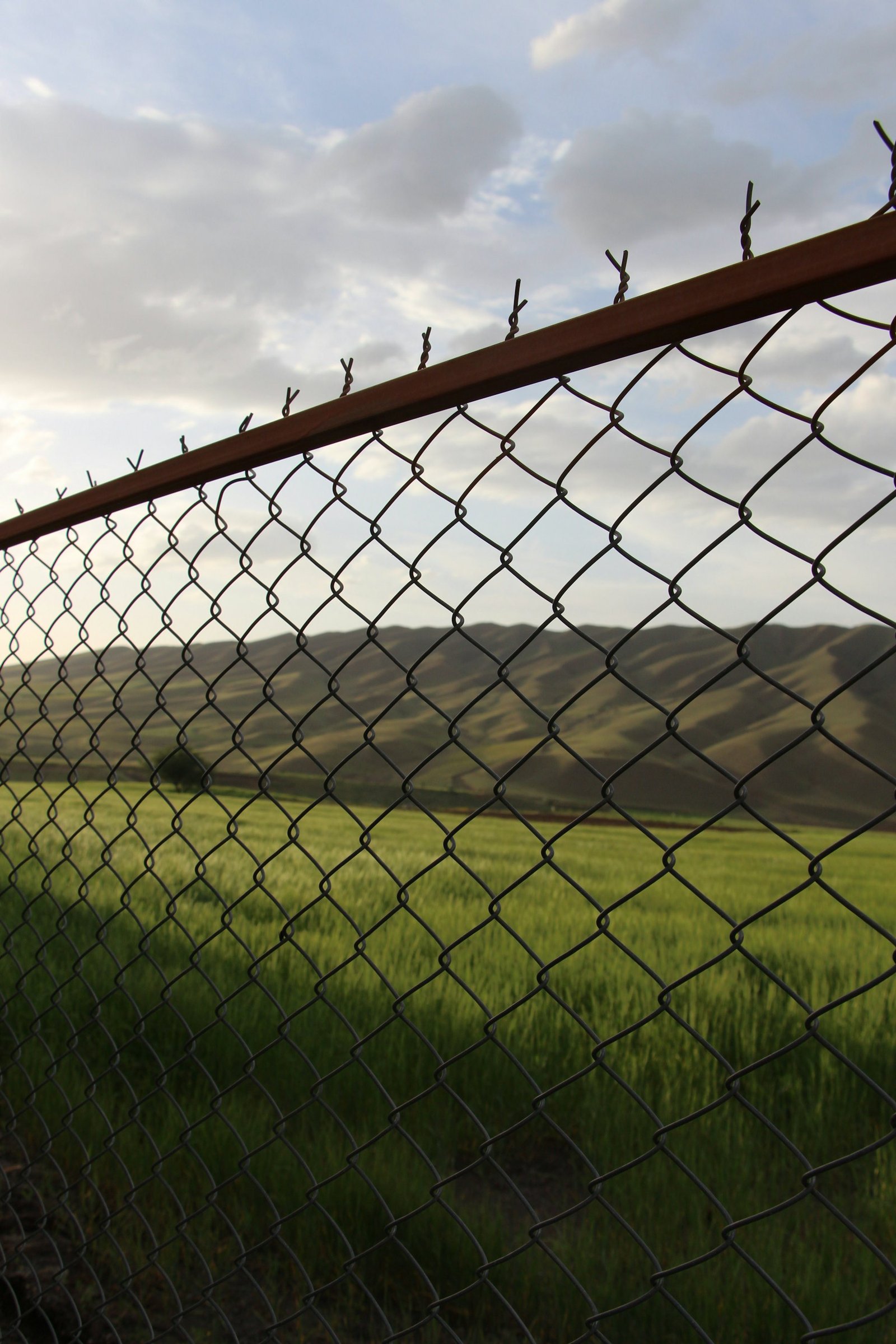 Chain link fence with a barbed top rail running above open farmland