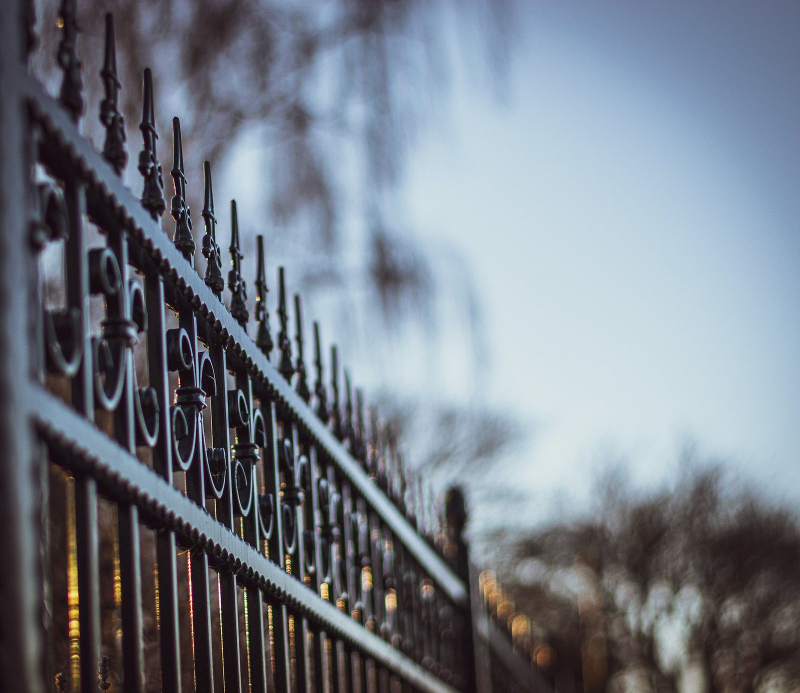 Black iron railings against a pale sky, shallow depth of field