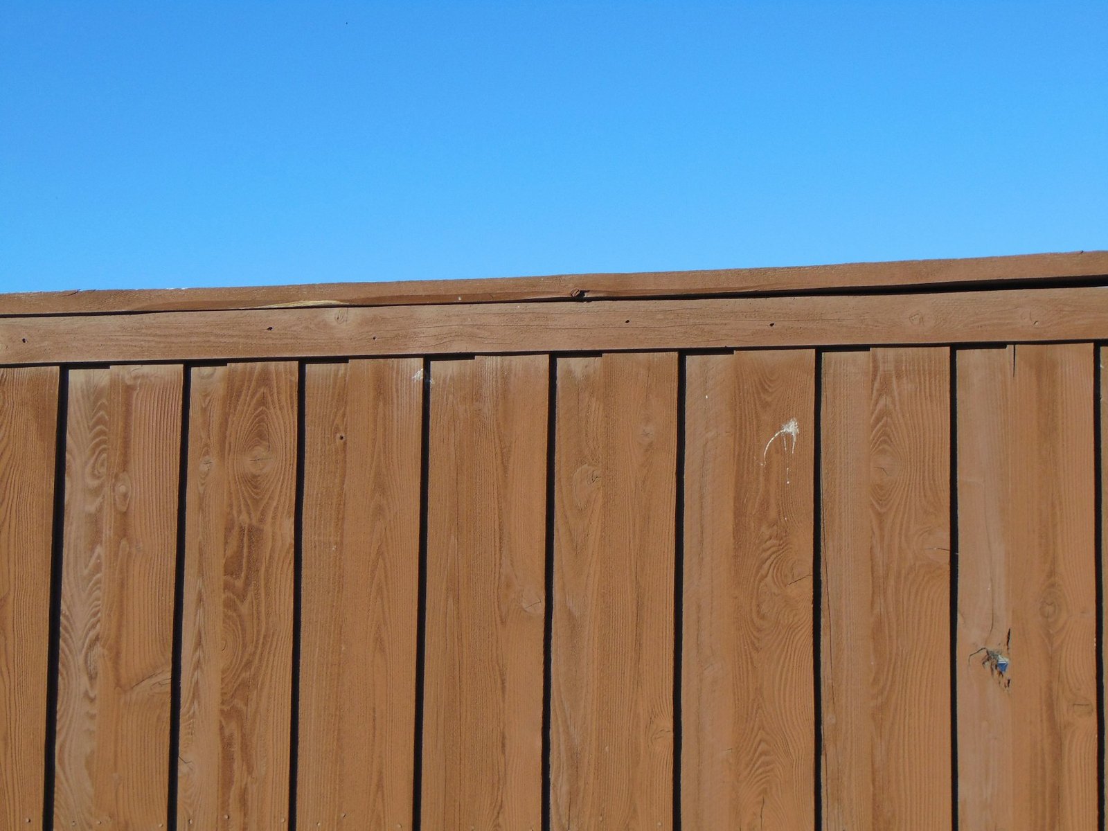 Timber fence panel and its cap rail seen against a blue sky